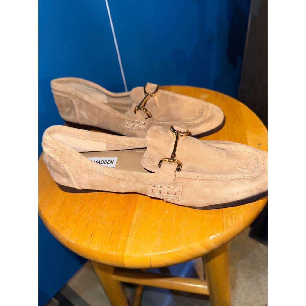 Steve Madden Tan Suede Bit Loafers Gold Hardware Slip On Flats Womens 7.5 - Picture 5 of 11